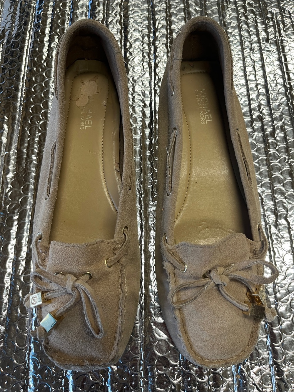 Michael Kors Taupe Suede Moccasin Loafers with Bow & Gold Accents